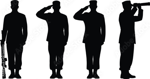 Military soldier silhouettes set, standing at attention saluting and looking through telescope, black uniformed army figures isolated vector illustration