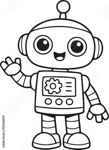 cute black-and-white robot coloring pages for kids 3–5. Includes child programmer, girl engineer, space robot, and five different robots with various roles. Bold outlines, simple shapes, transparent b
