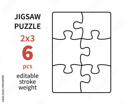 Cutting lines grid design for kids jigsaw puzzle. Jigsaw puzzle blank template. 6 pieces. Editable stroke weight. Vector illustration.