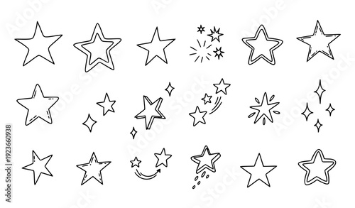 Hand drawn star doodle vector set with sketch sparkle shapes isolated on white background