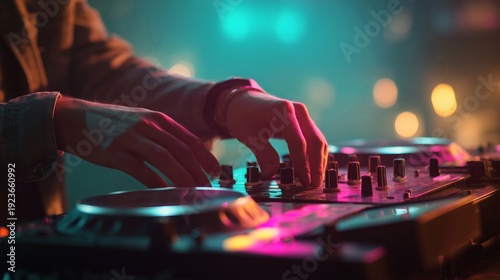 Wallpaper Mural Close-up of performer operating audio console with colorful stage lighting and shallow depth of field. Torontodigital.ca