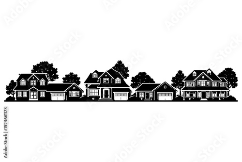 Modern suburban houses silhouette with trees and garages.
