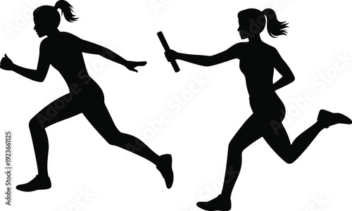 Female relay race silhouette vector, teamwork running illustration, athletic baton exchange design, sports competition art, black white dynamic concept