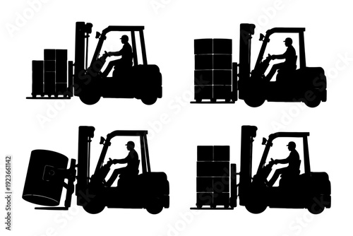 Silhouettes of forklifts transporting cargo and barrels.