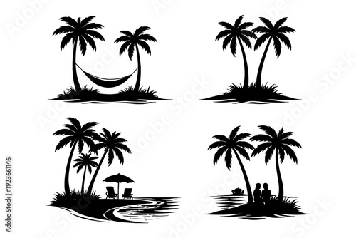 Tropical island silhouettes with palm trees and relaxing hammock.