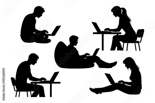 Silhouetted individuals using laptops: diverse poses and workspaces.