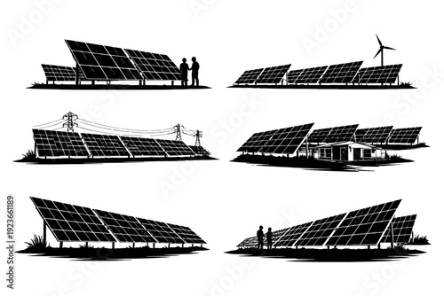 Diverse solar panel installations and wind turbine with people silhouettes.