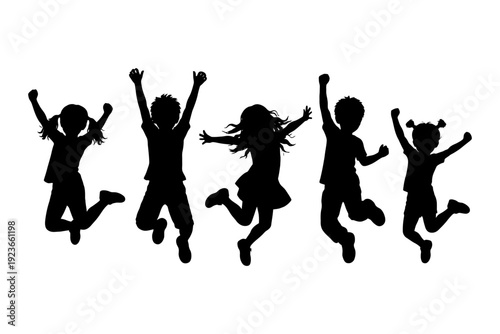 Silhouette of five happy children joyfully jumping.