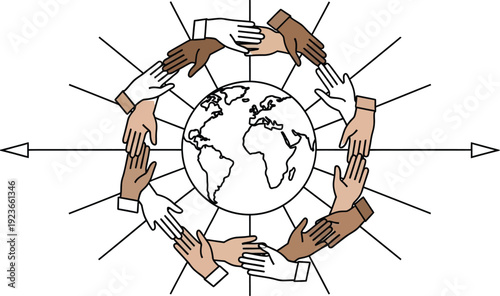 Diverse human hands joining together in a circle around a central globe illustration symbolizing global unity teamwork and worldwide connection