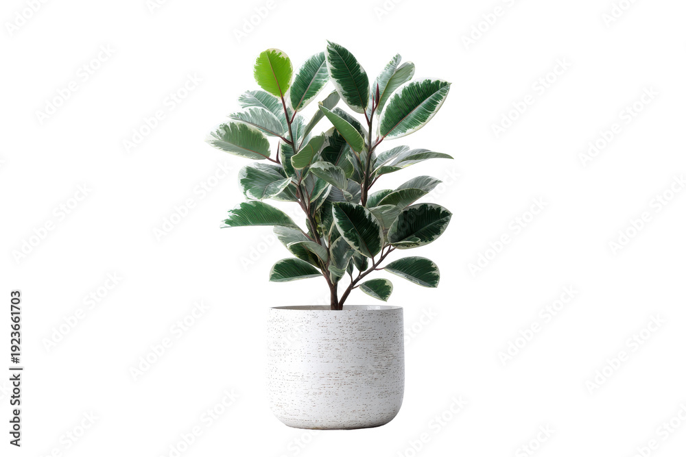 Obraz premium Variegated ficus elastica plant in a white pot isolated on transparent background. Variegated ficus plant in white modern pot, cutout isolated on white background.