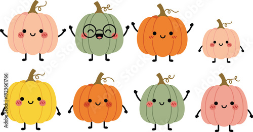 Cute cartoon pumpkins collection with smiling faces autumn vector illustration isolated background