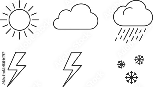 A collection of six minimalist line art weather icons depicting various atmospheric conditions like sun, clouds, rain, lightning, and snow for forecast applications and design elements.