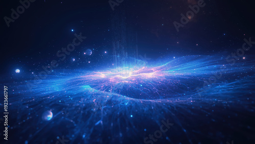 Glowing blue cosmic energy field with radiant center and floating particles