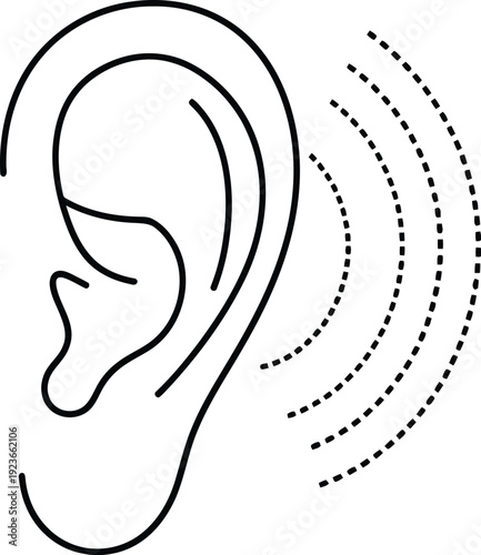 Simple black line art icon representing the human ear receiving sound waves illustrating auditory perception and the sense of hearing clearly