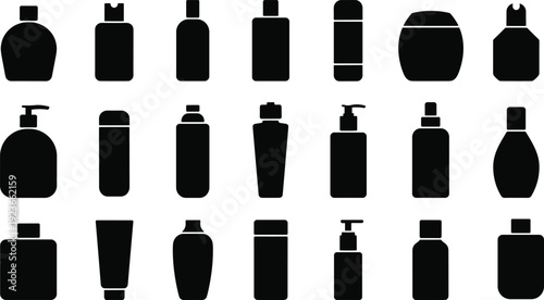 Cosmetic container silhouette collection, toiletry packaging vector, beauty product design art, personal care illustration, black white branding symbol