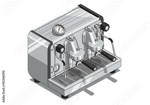 Illustration of espresso machine with two brewing units from a three-quarter view showing mechanical details and controls