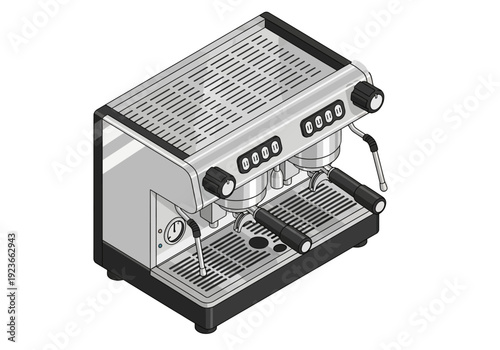 A detailed illustration of a coffee machine with multiple controls and features from a front viewpoint