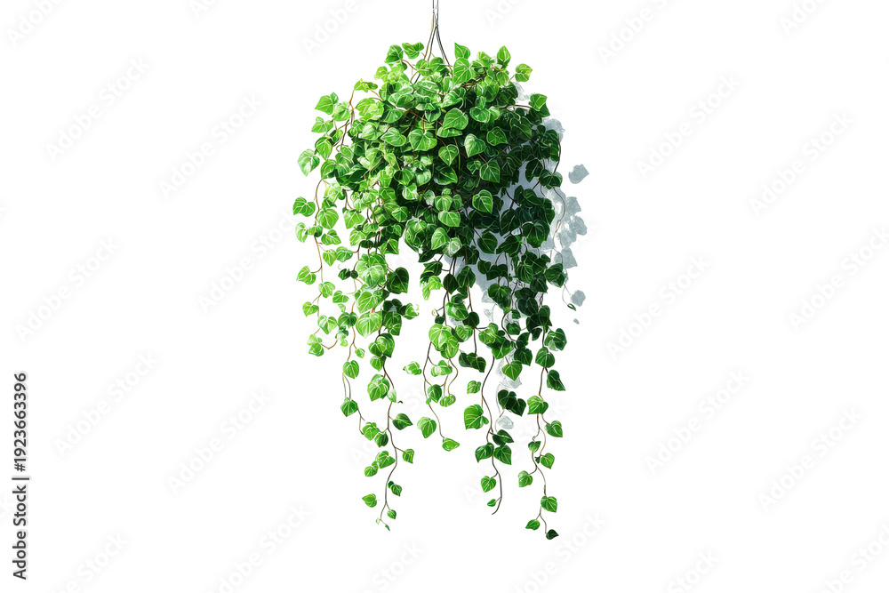 Fototapeta premium Cascading green heart shaped leaves hanging plant isolated on transparent background. Lush green hanging plant, for fresh interior design isolated on white background.