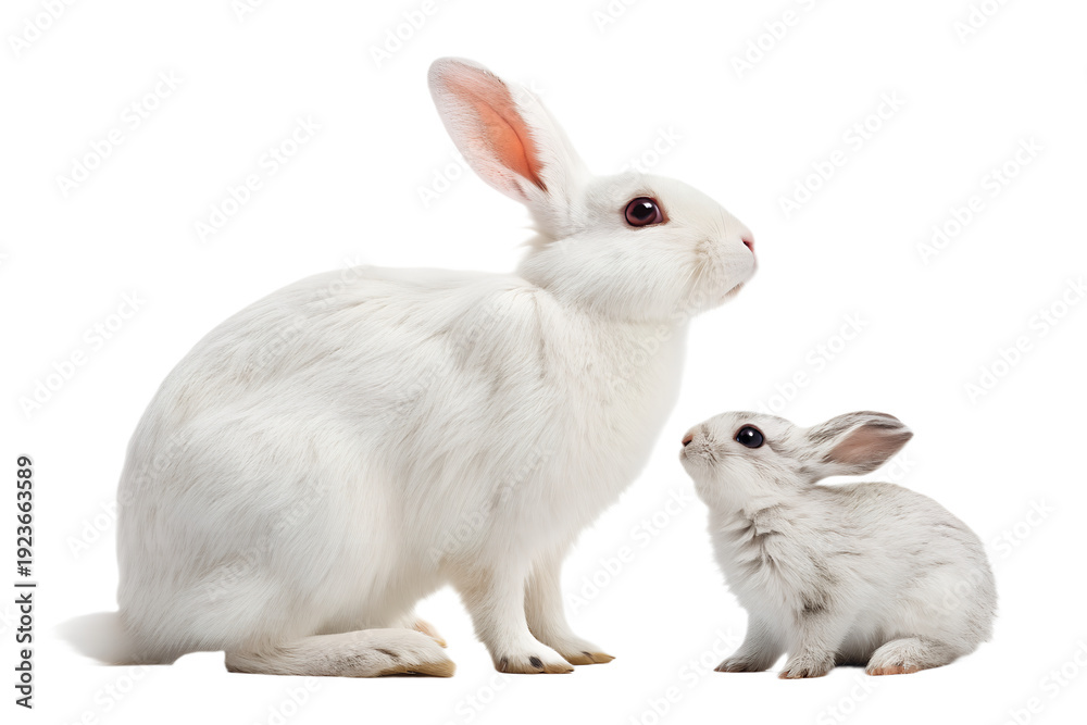 Obraz premium White Rabbit with Baby Bunny Isolated PNG Transparent Background