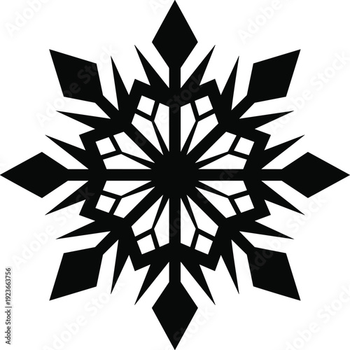 Black white snowflake vector, geometric winter design, symmetrical ice crystal illustration, decorative holiday art, minimal cold season symbol