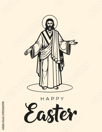 Jesus Christ Illustration with Happy Easter Text Line Art