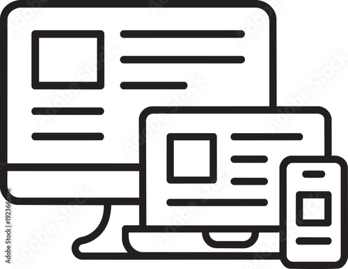 desktop monitor laptop tablet and phone showing responsive web design and multi device compatibility in vector
