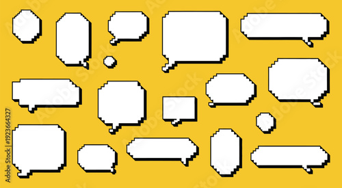 Set of Speech Bubbles in Pixel Art Retro 90s Style, 8 Bit Chat and Dialogue Box Vector Illustration for Arcade Games, Comic Design, Messaging Apps, and Vintage Digital Interface