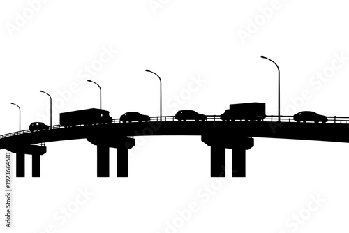 Silhouette of vehicles on elevated highway against clear sky.