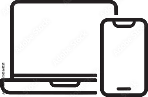 laptop computer and smartphone distinct icons representing digital devices and electronic gadgets in simple line art