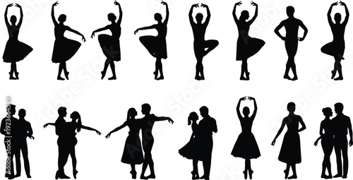 Ballet dancers silhouette collection in graceful poses, classical dance performance set, black vector isolated illustration on white