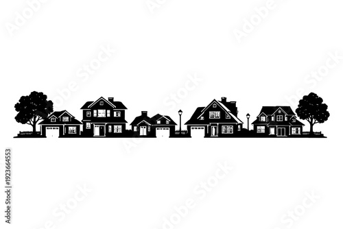 Silhouette of suburban neighborhood homes and trees.