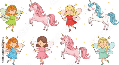 Cute fairies and unicorns cartoon fantasy characters vector illustration isolated background