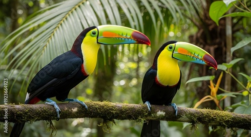 Vibrant toucans perched on a branch in tropical rainforest colorful birds in wildlife habitat