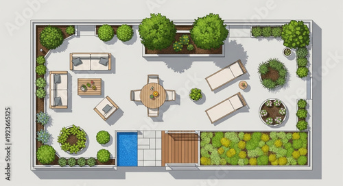 Modern rooftop terrace design featuring outdoor furniture and lush greenery.