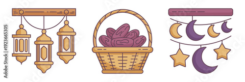 Ramadan marketplace icon set with lanterns and dates - Ideal for E-commerce, cultural blogs, or holiday marketing.