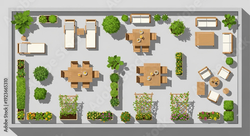 Top-down view of outdoor furniture arrangement with greenery and landscaping.