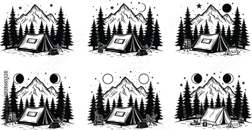 Set of vintage outdoor camping illustrations featuring tents pine forests and mountain peaks under starry night skies for adventure and wilderness travel concepts