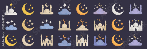 Islamic night sky vector set with stars and clouds - Great for background textures, seasonal banners, or animations.