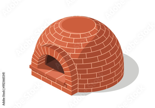 A traditional brick oven, illustration of a culinary structure, viewed from an angle, showcasing its architectural design, and brickwork details
