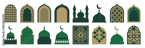 Islamic window icons and mosque silhouette vector sheet - Ideal for architectural blogs, religious app interfaces, or Middle Eastern travel guides.