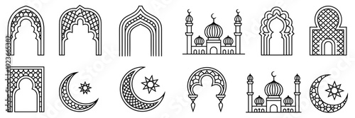 Black outline Islamic window and mosque arch vector icons - Perfect for minimalist web design, coloring book assets, or clean SVG UI elements.