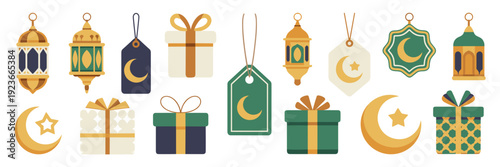Ramadan gift and lantern flat illustration icon pack - Ideal for e-commerce holiday sales, gift guide blogs, or children's educational content.