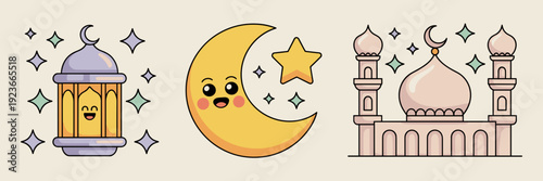 Cute Ramadan icons for kids in pastel colors – Ideal for children's workbooks, festive nursery decor, or family blogs.