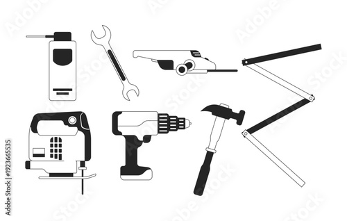 Construction tools 2D line objects set. Repair diy equipment. Home improvement. Spray can. Angle grinder. Handtools isolated cliparts vector ink outline items. Monochrome spot illustrations collection
