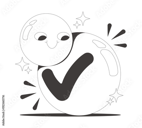 Funky groovy positive checkmark flash message success line illustration. Happy task completion. Playful approval confirmed. Done UI state. Mobile web design. Black white vector concept. Micro UX scene