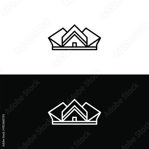 An elegant black outline logo presents a stylized house structure elegantly nested within an elaborate crown or multifaceted architectural design.