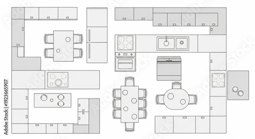 Detailed architectural floor plan showcasing kitchen and dining room layouts with furniture arrangements.