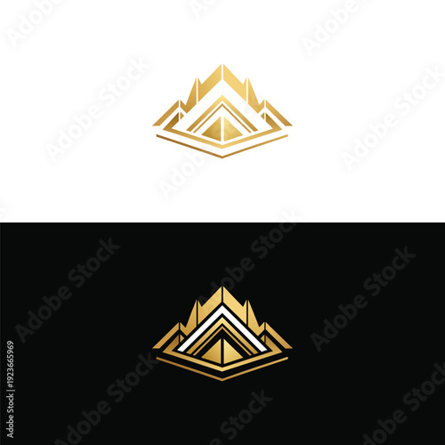 A luxurious golden geometric logo presents an intricate, layered design resembling a crown and a house, embodying opulence and premium quality.