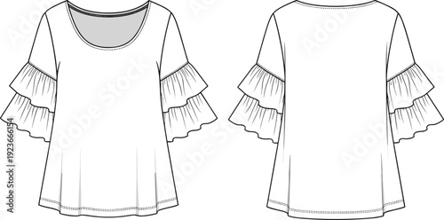 Women Scoop Neck Tiered Ruffle Sleeve Top Fashion Flat CAD Drawing Technical Sketch Vector Illustration Template for Design and Tech Pack