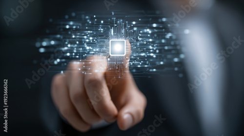 Man touching futuristic glowing artificial intelligence chip interface